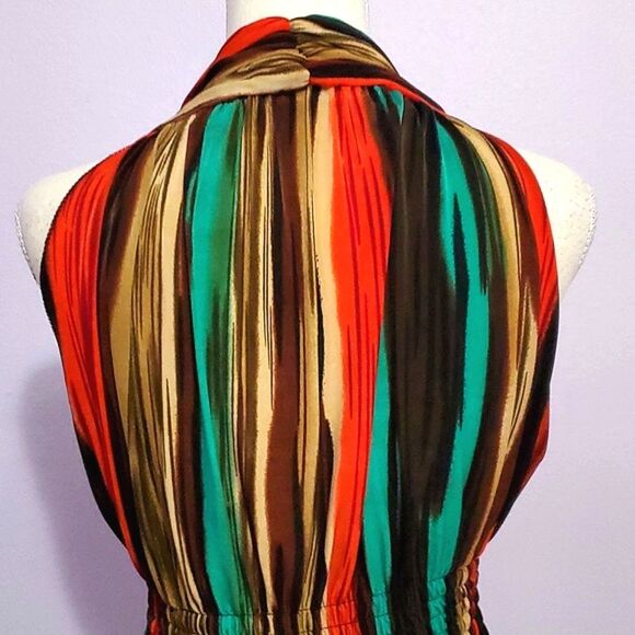 India Batik Colorful Striped High Neck Smocking Waist Jersey Maxi Dress - Picture 8 of 9